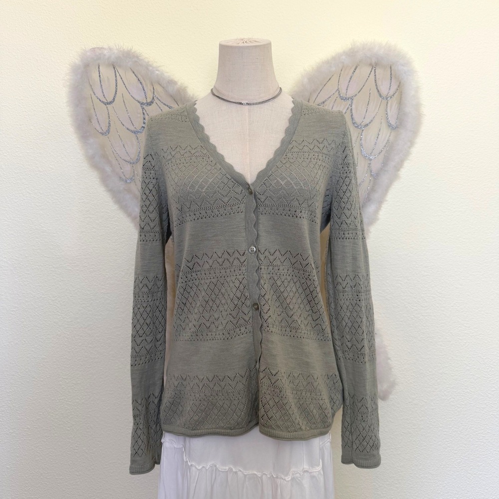 Frye Cottagecore Sage Green Pointelle Knit Scalloped V-Neck Cardigan Sweater S